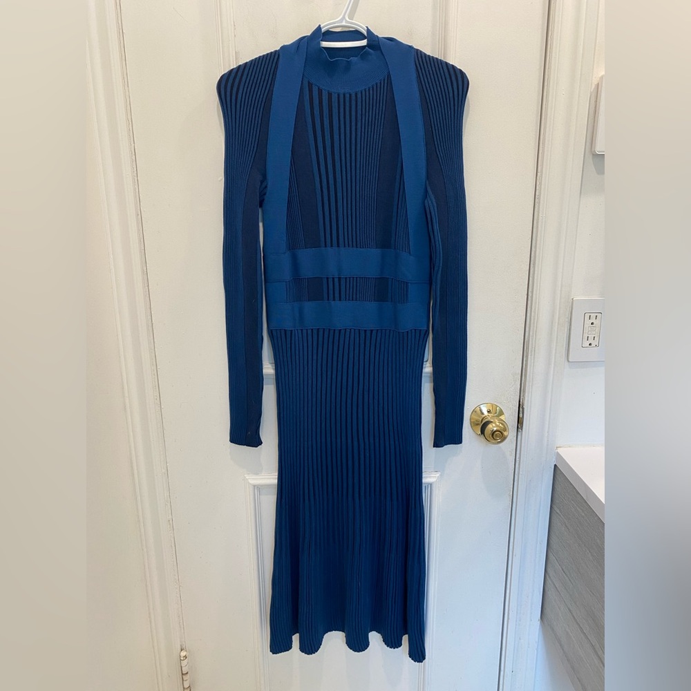 $1450 NWT Cedric Charlier Blue Rib Knit Dress Size US 6